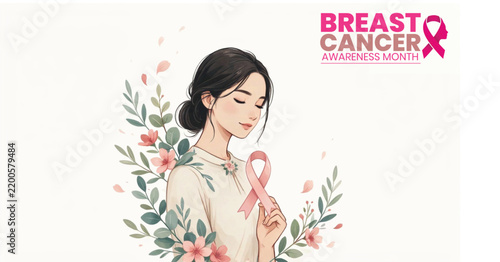 Watercolor illustration of a woman holding a pink ribbon for breast cancer awareness and medical support campaign