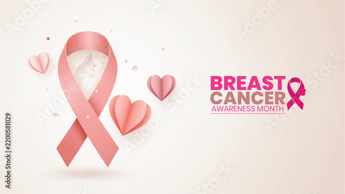 Breast cancer awareness background featuring a pink ribbon and heart shapes on a soft light background