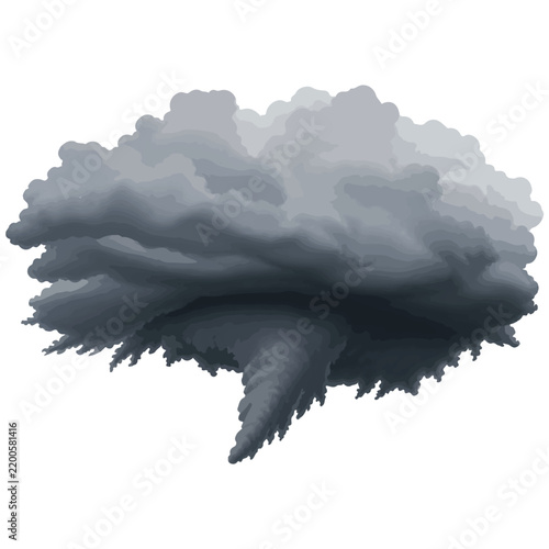 Dark Storm Cloud With Tornado Funnel Cloud Isolated On White Background