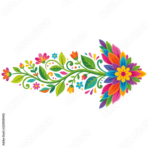Decorative Colorful Floral Arrow Design with Leaves and Flowers Pointing Right
