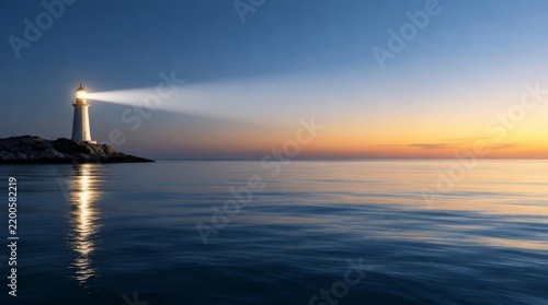 White lighthouse shining bright beam across ocean water at sunset