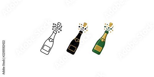 Champagne bottle popping with golden cork and bubbly explosion.