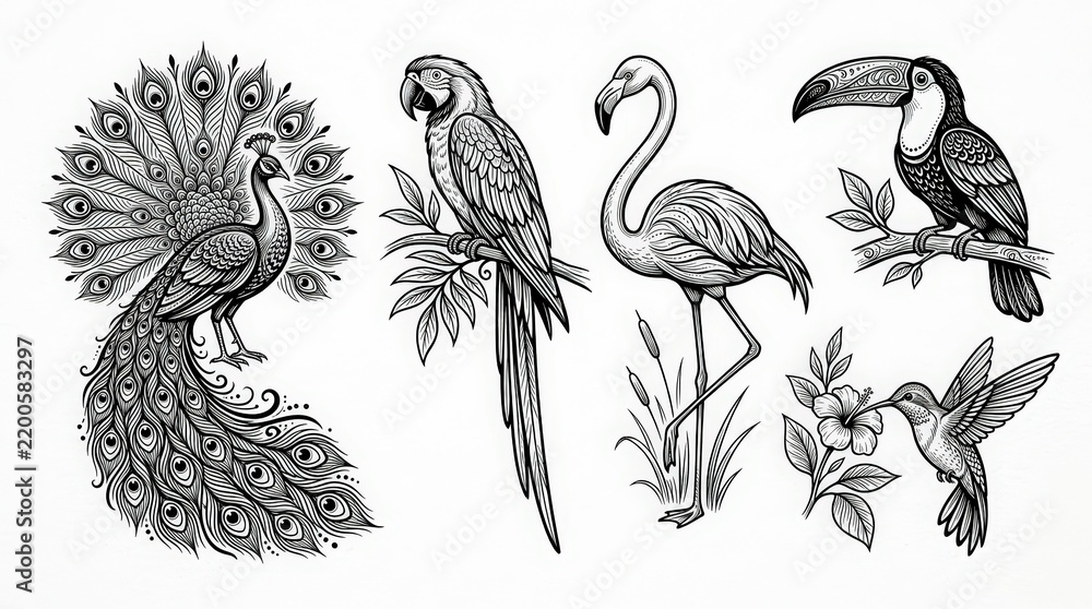 Obraz premium Set of detailed black and white line art illustrations featuring various exotic tropical birds including a peacock, parrot, flamingo, toucan, and hummingbird