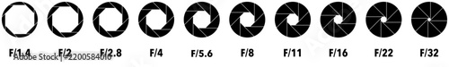 Camera aperture size graphics and f stop settings graphic illustration set for learning with horizontal ten black color flat style design symbols on isolated background.