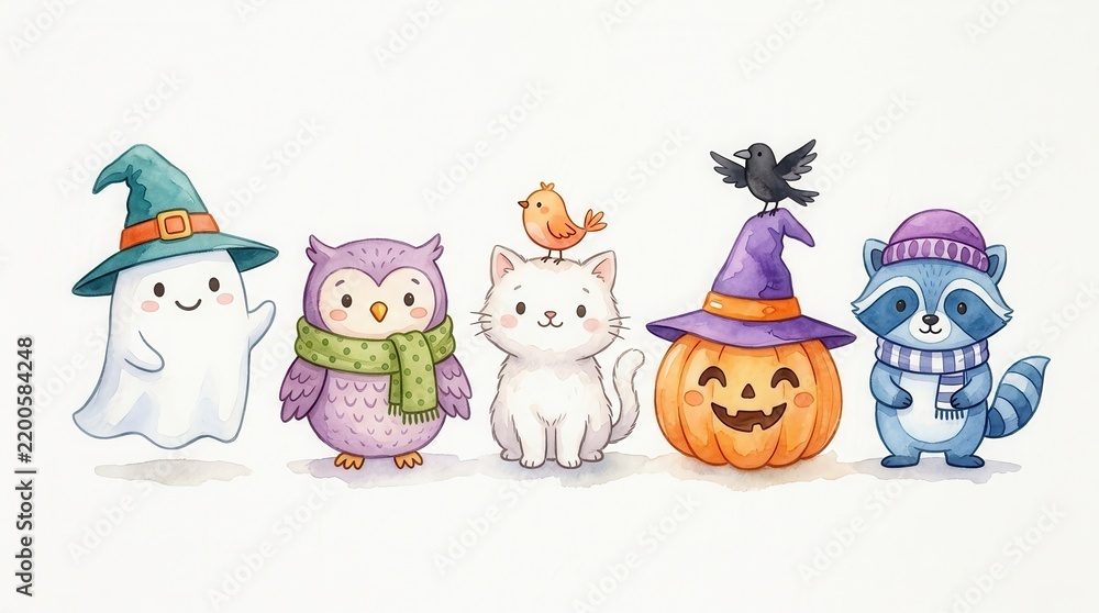 Obraz premium Cute Watercolor Halloween Characters Set with Ghost, Owl, Cat, Pumpkin, and Raccoon Illustration for Autumn Decor