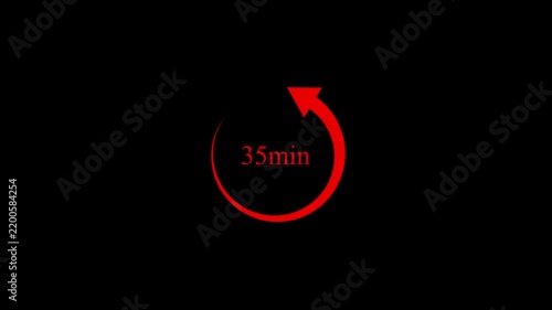 Red 35 minute countdown timer with rotating arrow on black background 4k motion video..