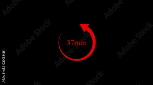 Red 37 minute countdown timer with rotating arrow on black background 4k motion video..