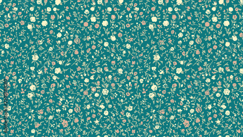 Seamless ditsy floral pattern featuring small cream and pink roses with green leaves on a dark teal background, vintage botanical textile design for fabric and wallpaper.