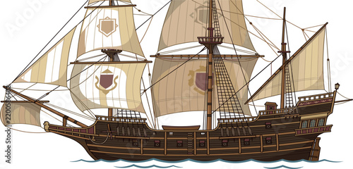Fotografie Vintage vintage sailing ship galleon on water isolated vector illustration for a
