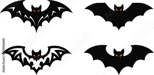 Set of four unique vector halloween bat icons with orange glowing eyes on white background
