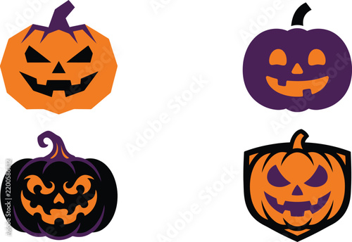 Set of four unique vector Halloween jack o lanterns with scary and spooky faces