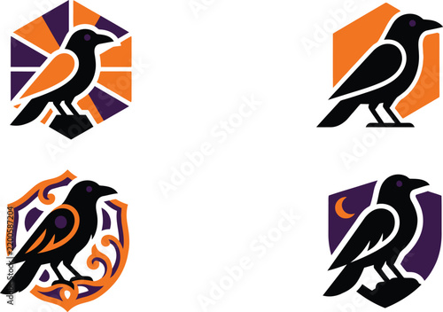 Set of four vector logos featuring crows and ravens in geometric and shield designs