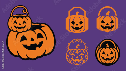 Set of Halloween jack o lantern bucket vector illustrations on purple textured background