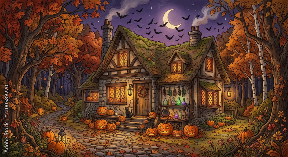 Obraz premium Fairy Tale Castle in the Night Forest, Enchanted Medieval Architecture with Autumn Trees, Magical European Landmark and Fantasy Landscape Vector Illustration