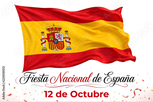 Spanish National Day Celebration with Waving Spain Flag and Festive Confetti on White Background  