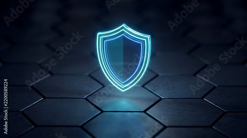 Cyber security shield glows with bright neon blue light while protecting dark metallic hexagonal textured floor.