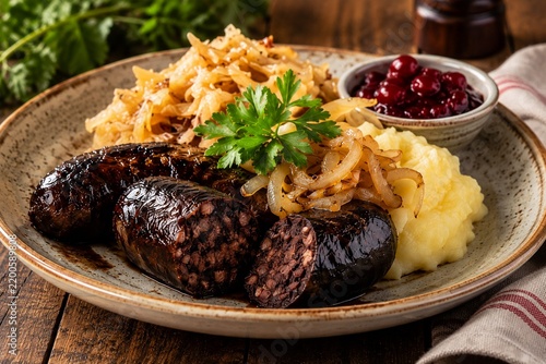 Blood sausage with mashed potatoes, sauerkraut and cranberry sauce