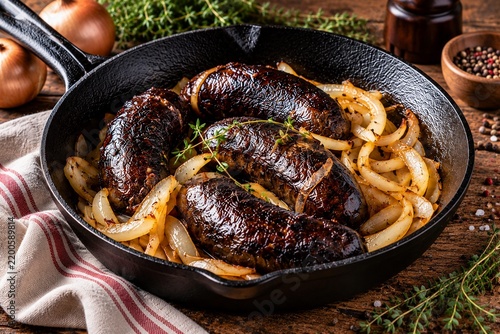 Blood sausages with caramelized onions in cast iron pan
