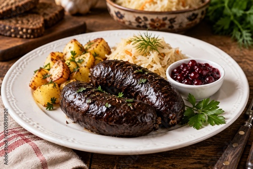 Blood sausage with mashed potatoes, sauerkraut and cranberry sauce
