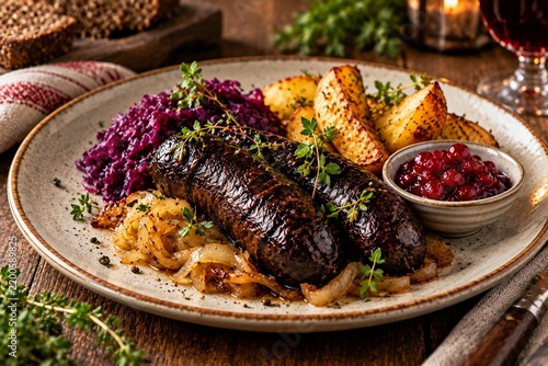 Blood sausage with mashed potatoes, sauerkraut and cranberry sauce