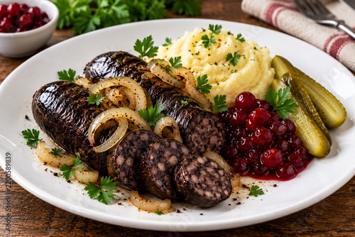 Blood sausage with mashed potatoes, sauerkraut and cranberry sauce