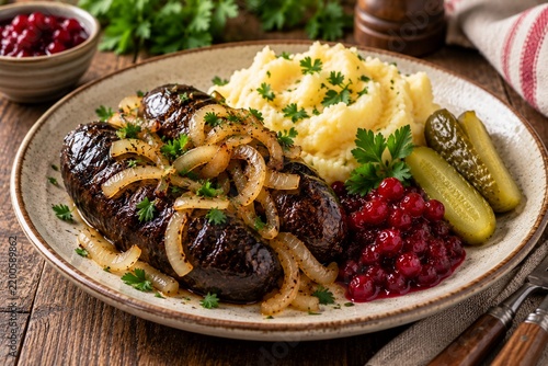 Blood sausage with mashed potatoes, sauerkraut and cranberry sauce