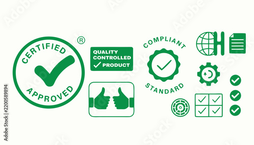 Green Certification Stamp and Seal Set, Featuring Approved, Compliant, and Quality Controlled Product Icons