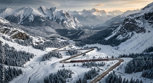 A red passenger train travels along a winding track through a snow covered mountain landscape