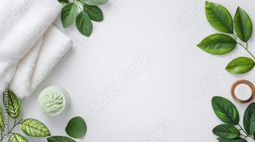White spa background with folded towel and fresh green leaves around large copy space, wellness, skincare, clean beauty and natural self care flat lay