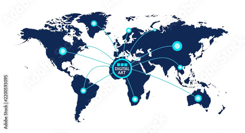 Global Digital Art Network Concept Illustration, World Map with Connectivity Lines and Nodes for Technology and Creative Media Distribution
