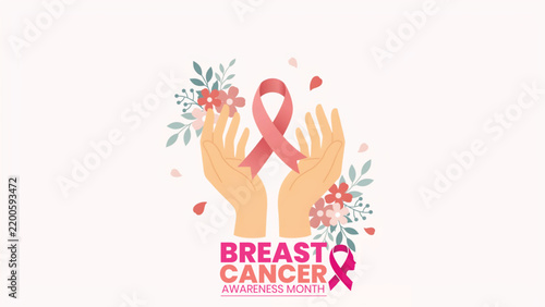 Breast cancer awareness illustration with pink ribbon and supporting hands
