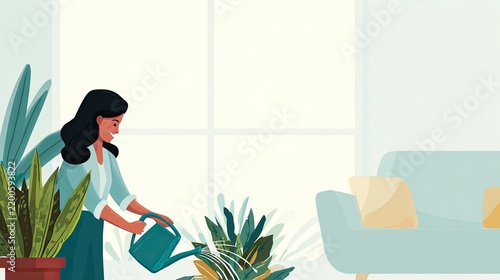 Minimal illustration of a woman caring for houseplants in a bright room, indoor gardening, plant care, sustainable living, home decor and green lifestyle concept