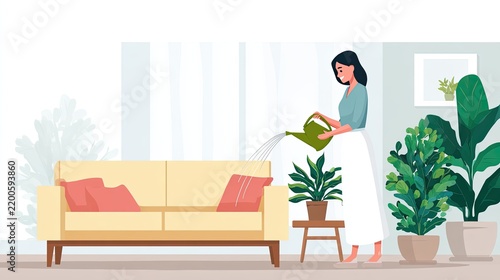 Illustration of a woman watering a houseplant beside a sofa in a bright home interior, indoor gardening, plant care, cozy living and sustainable lifestyle concept