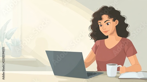 Illustration of a woman working on a laptop at a desk, remote work, online business, digital productivity, home office and modern freelance lifestyle concept
