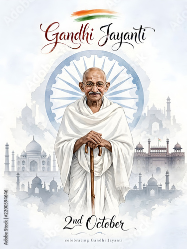 Artistic Illustration of Mahatma Gandhi with Walking Stick in Front of Ashoka Chakra and Iconic Indian Monuments for Gandhi Jayanti Celebration on 2nd October  
