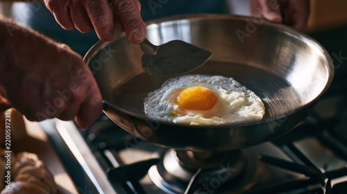 Father flipping a over-easy egg in a stainless steel pan with a spatula, soft diffused morning light, high-end commercial photography style with raw matte finishes and clean negative space
