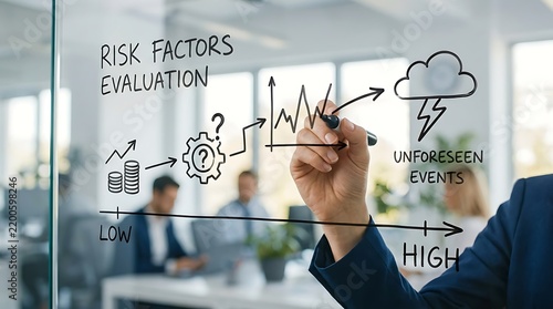 Business professional drawing a risk factors evaluation diagram on a glass wall in the office.