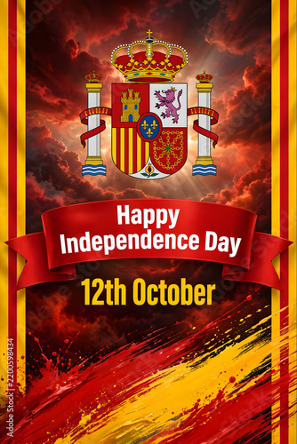 Spanish Independence Day Celebration Poster with Royal Coat of Arms, Dramatic Cloudy Sky, and Red-Yellow Abstract Paint Strokes  