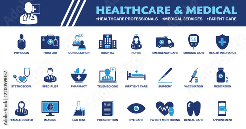 Healthcare & Medical Icon Set. Collection of Doctors, Hospitals, Medical Services, Patient Care, Telemedicine, Pharmacy and More Icons. Editable Vector Illustration.