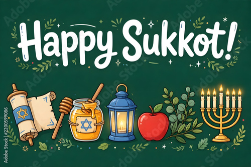 Festive Happy Sukkot Greeting with Torah Scroll, Honey Jar, Lantern, Apple, Greenery, and Menorah on Dark Green Background with Decorative Leaves and Sparkles  