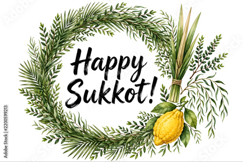 Watercolor Wreath with Lulav, Etrog, and Palm Branches Celebrating Jewish Sukkot on White Background  