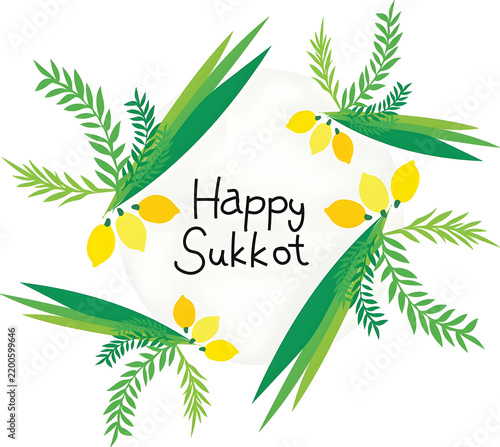 Festive Sukkot Greeting with Lemon-Like Etrogs and Green Palm Leaves in Circular Arrangement on White Background  