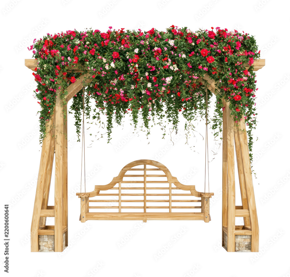 Obraz premium PNG Wooden swing with floral canopy and vibrant flowers.