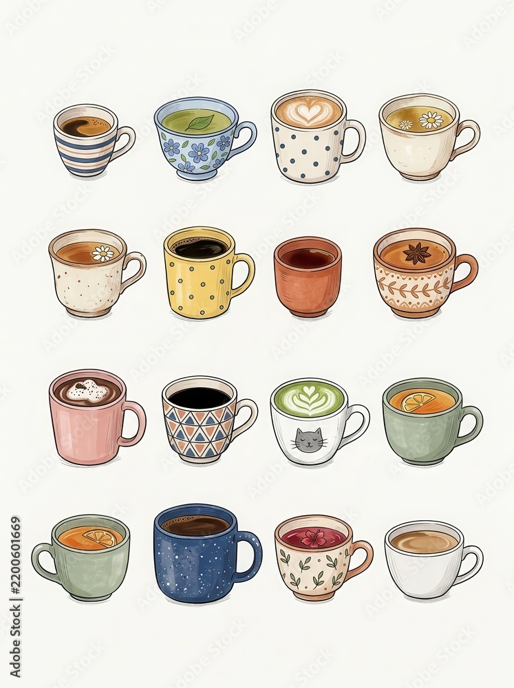 Obraz premium Hand-Drawn Collection of Coffee and Tea Mugs Illustration Set with Various Hot Beverages and Cute Patterns