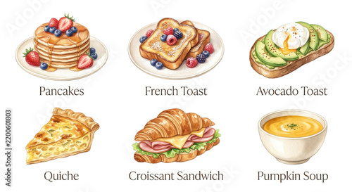 おしゃれなカフェの朝食とブランチ水彩イラストセット　Elegant Cafe Breakfast and Brunch Watercolor Illustration Set