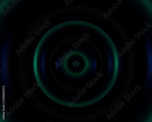 Dark abstract background featuring concentric circles with glowing emerald green rings and deep black shadows for a futuristic technology concept