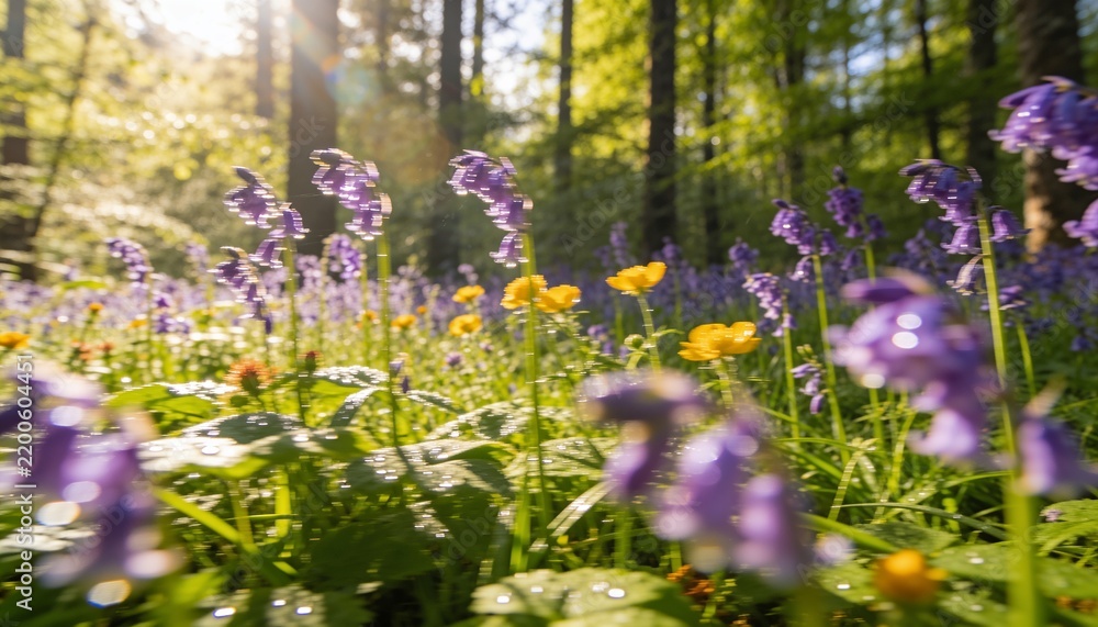 Fototapeta premium Showing cluster of purple bell-shaped wildflowers glittering on forest floor, with dew and sunbeams