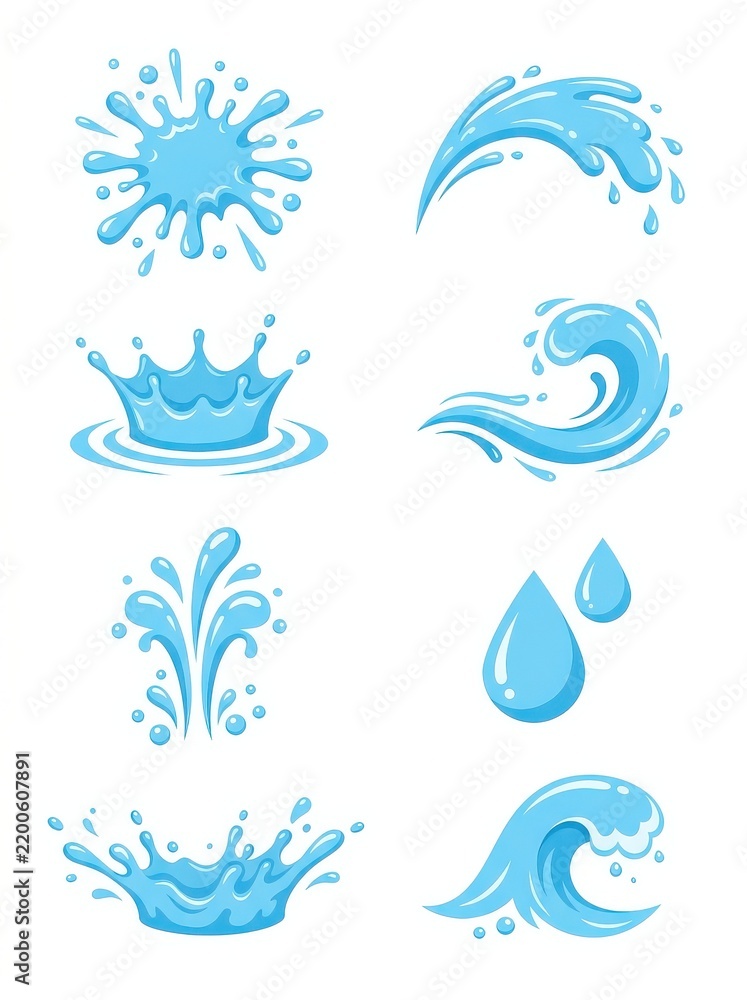 Fototapeta premium Set of Blue Water Splash and Wave Vector Illustrations Isolated on White Background for Graphic Design Projects
