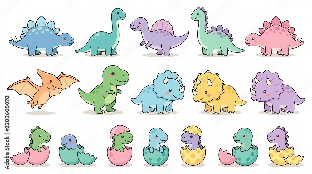 Obraz premium Cute Cartoon Dinosaur Collection Set with Baby Dinosaurs Hatching from Eggs - Kawaii Prehistoric Animal Vector Illustrations