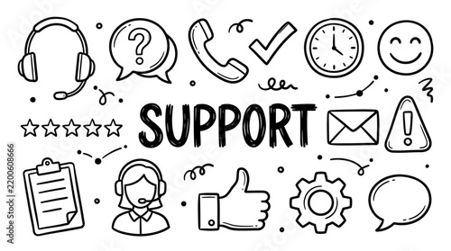 Hand drawn customer service and support doodles with icons and lettering for business concept